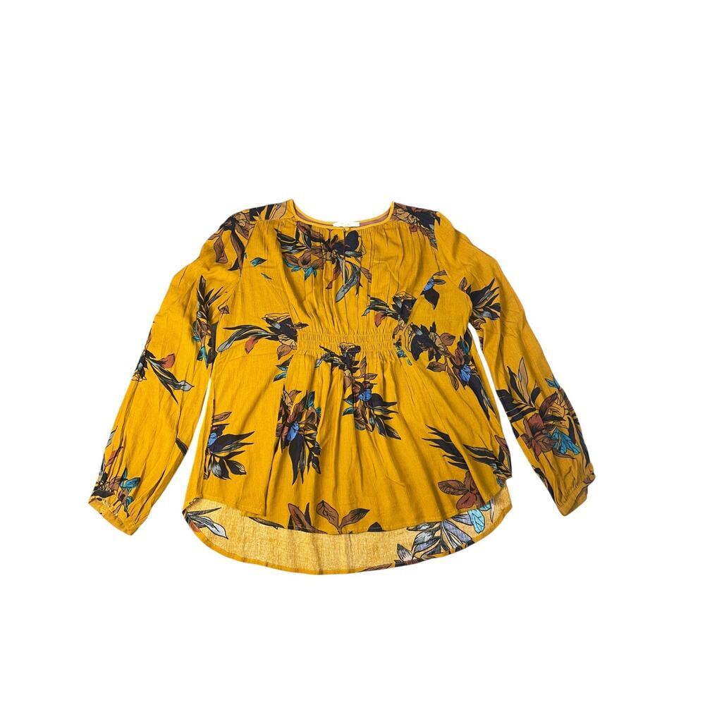 Miss Me Women’s Large Dark Yellow Floral Long Sleeve Keyhole Neckline Blouse